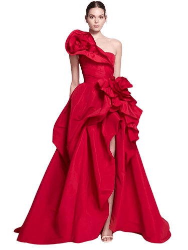 The Signature Dahlia: Custom Satin Couture Gown, Drestiny, Maxi Dresses, Sleeveless, One Shoulder, Red, Custom Colors, Custom-Made, USA, United States, Canada, Australia, New Zealand, United Kingdom, UK, 2, 4, 6, 8, 10, 12, 14, 16, 18, 20, 22, 24, 26, 28, 14W, 16W, 18W, 20W, 22W, 24W, 26W, 28W, Custom Sizing, Red satin one shoulder prom dress, 3D flower prom dress, Custom red formal dress, a-line red evening gown, Elegant one shoulder party dress red, shopdrestiny.com